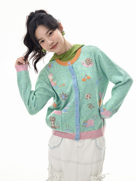 Cartoon Pattern Patch Pockets Knitted Cardigan【s0000011746】