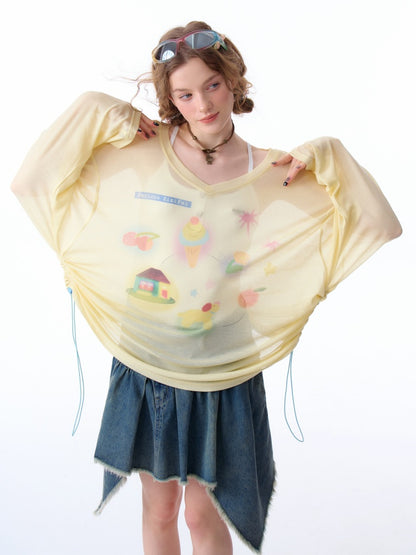 Drawstring Print Semi Sheer Loose V-Neck Long Sleeved T-Shirt【s0000011751】