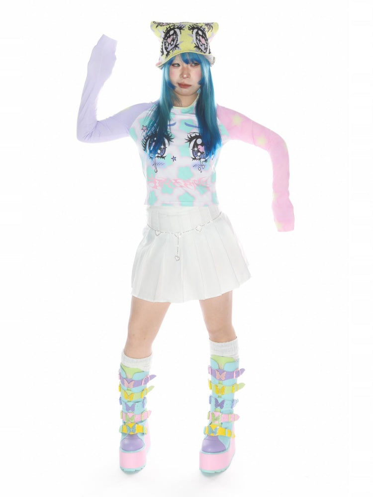 Comic Eye Two-Dimensional Subculture Star Color-Blocked Long Sleeve T-Shirt【s0000011789】