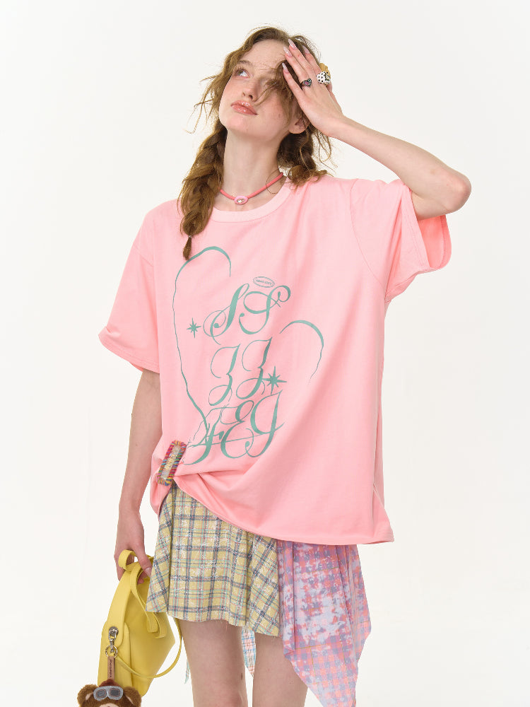 Letter Print Round Neck Loose Large Short Sleeve T-Shirt【s0000013009】