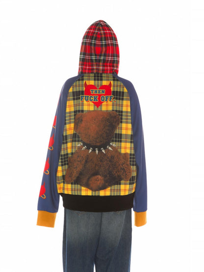 Punk Bear Panel Checked Pattern Raglan Sleeve Zip-Up Hoodie【s0000011791】