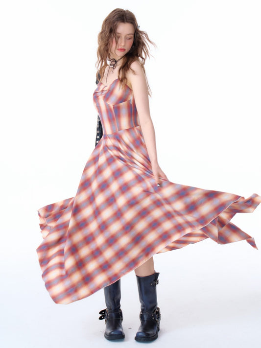 Cinched Waist Red Check Irregular Suspender Dress【s0000011911】