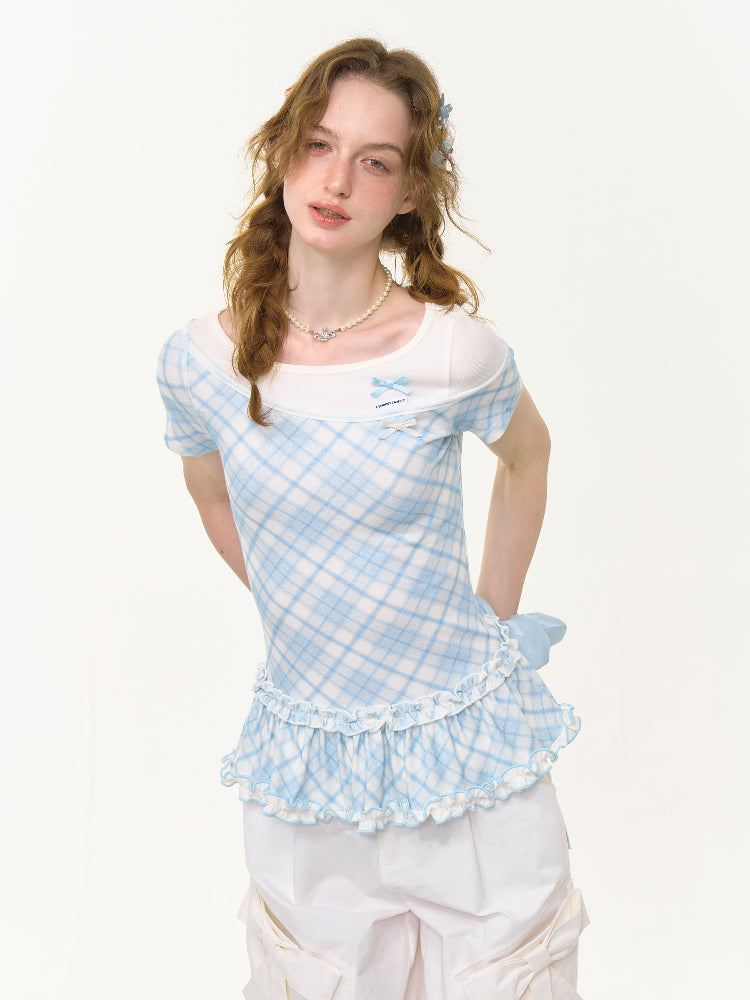 Ruffle Hem Faux Two Piece Bow Plaid Crew Neck Short Sleeve T-Shirt【s0000013004】