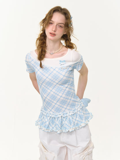 Ruffle Hem Faux Two Piece Bow Plaid Crew Neck Short Sleeve T-Shirt【s0000013004】