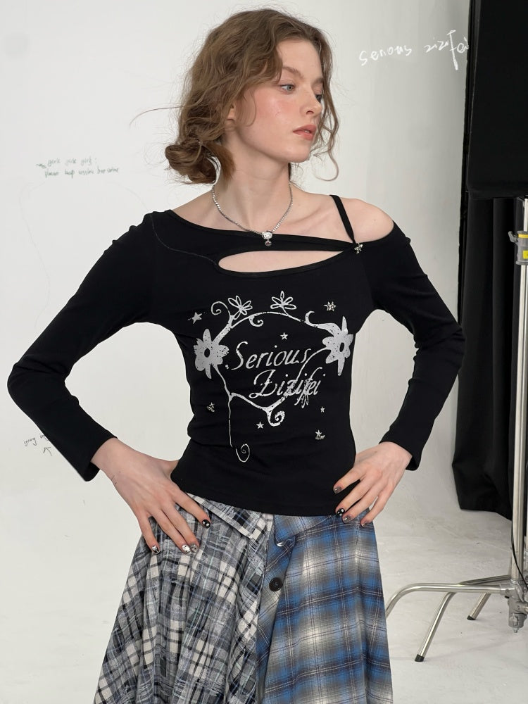 Cut Out Off Shoulder Irregular Neckline Long Sleeved T-Shirt【s0000011754】