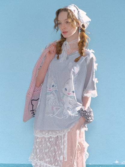 Lace Hem Rabbit Print V-Neck Loose Short Sleeve T-Shirt【s0000013010】