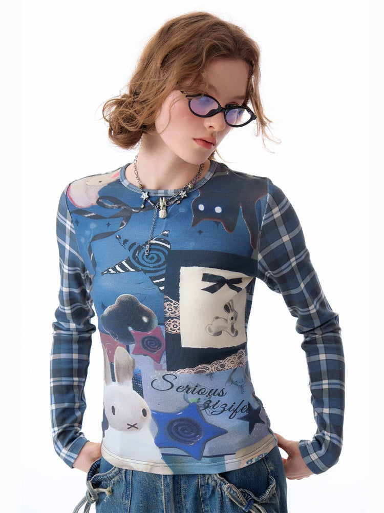 Animal Collage Print Glen Check Switch Slim Long Sleeved T-Shirt【s0000011752】