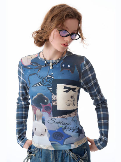 Animal Collage Print Glen Check Switch Slim Long Sleeved T-Shirt【s0000011752】