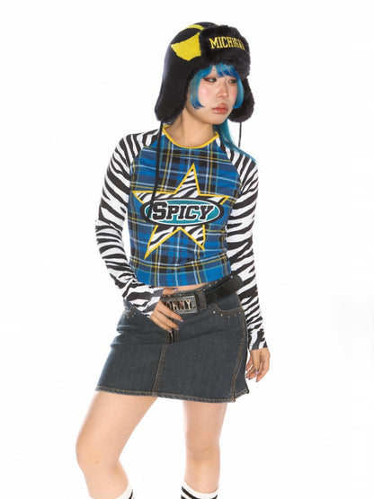 College Style Zebra & Check Print Long Sleeve Cropped T-Shirt【s0000011786】