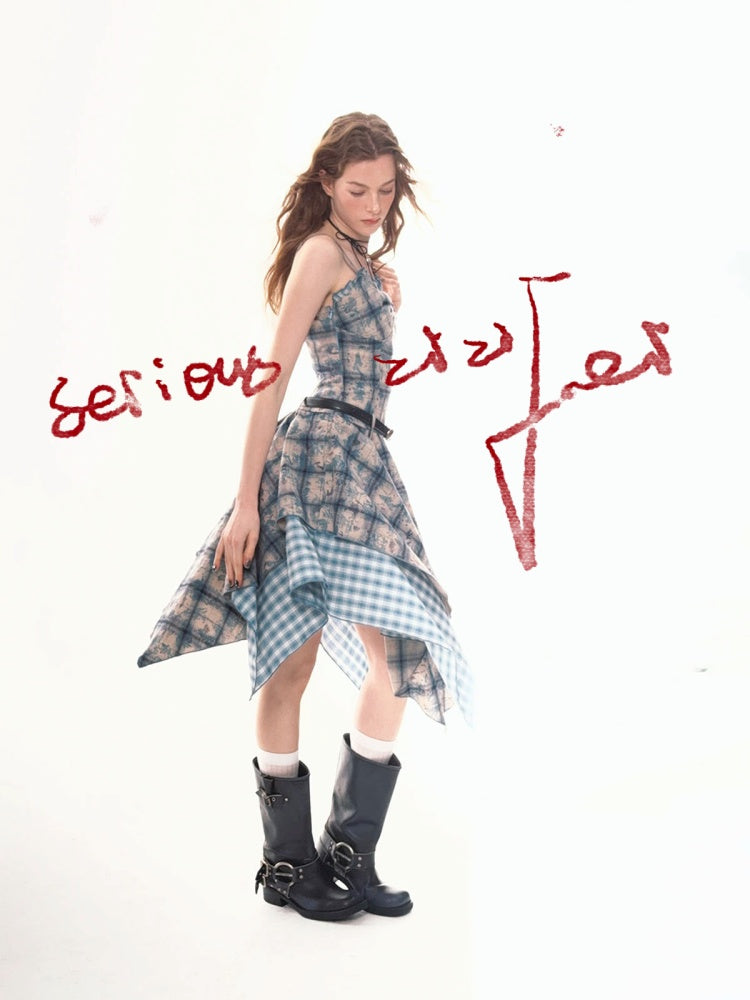 Asymmetric Hem Gingham Check Pattern Flare Camisole Dress【s0000011749】