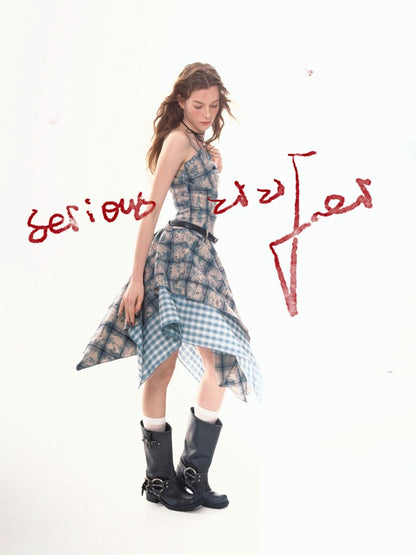 Asymmetric Hem Gingham Check Pattern Flare Camisole Dress【s0000011749】