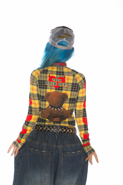 Teddy Bear Graphic Check Long Sleeve Cropped T-Shirt【s0000011777】
