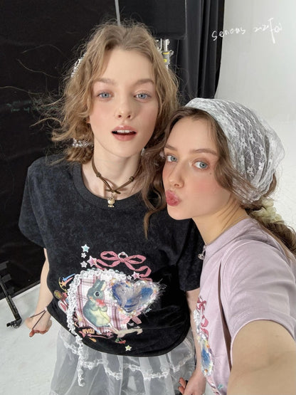 Rabbit Print Three Dimensional Lace Loose Crew Neck Short Sleeve T-Shirt【s0000011755】