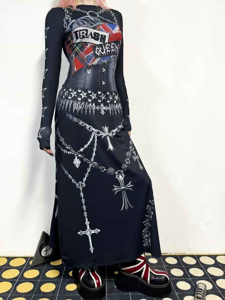 Punk Cross & Chain Motif  Print Long Sleeve Dress【s0000011779】