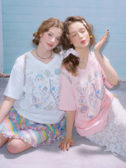 Cartoon Print Pattern V-Neck Short Sleeve T-Shirt【s0000011914】