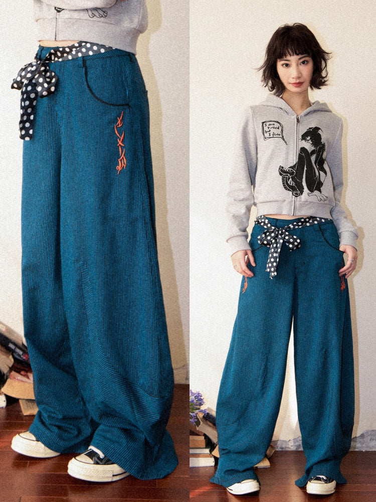 Orange Embroidered Striped Loose Banana Pants【s0000011901】