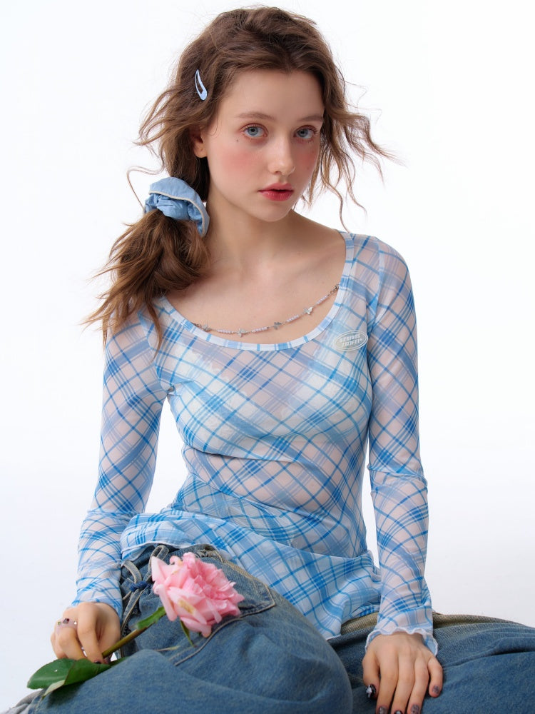 Semi Sheer Blue Plaid Hem Ruffles Long Sleeve T-Shirt【s0000011922】