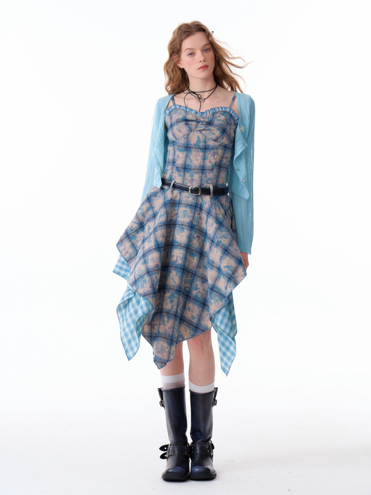 Asymmetric Hem Gingham Check Pattern Flare Camisole Dress【s0000011749】