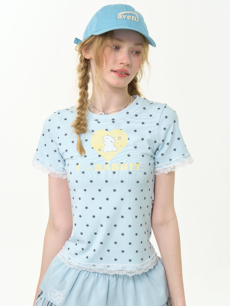 Polka Dot Star Heart Rabbit Print Crew Neck Short Sleeve T-Shirt【s0000013012】