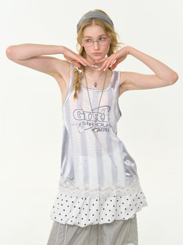 Sporty Letter Print Jersey Lace Hem Tank Top【s0000013011】