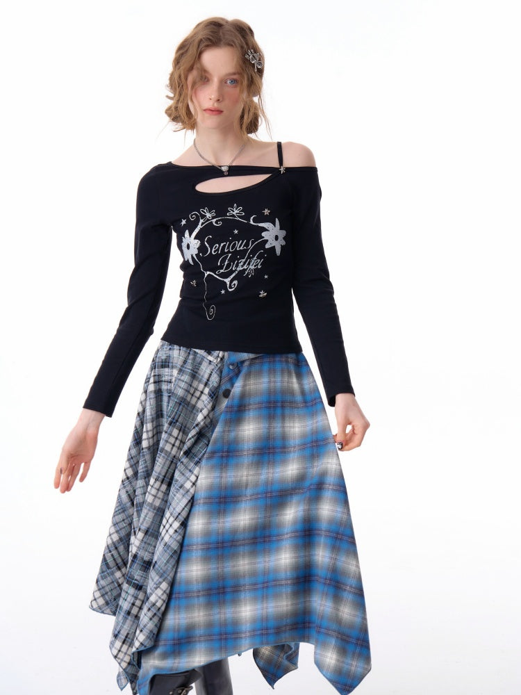 Cut Out Off Shoulder Irregular Neckline Long Sleeved T-Shirt【s0000011754】