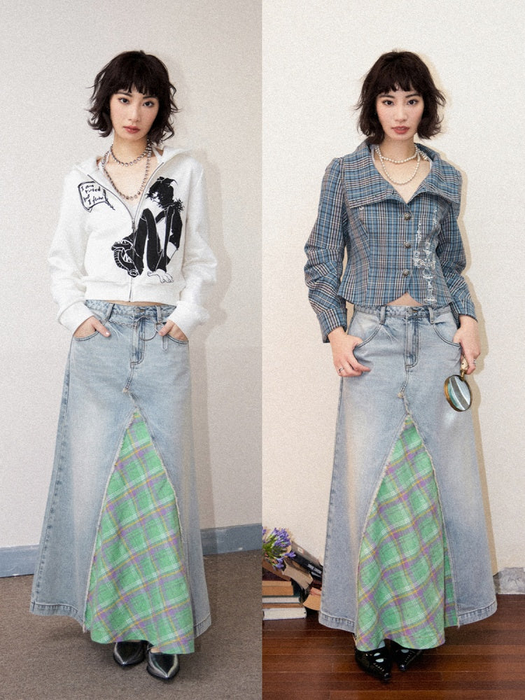 Front Slit Denim Checked A-Line Skirt【s0000011905】