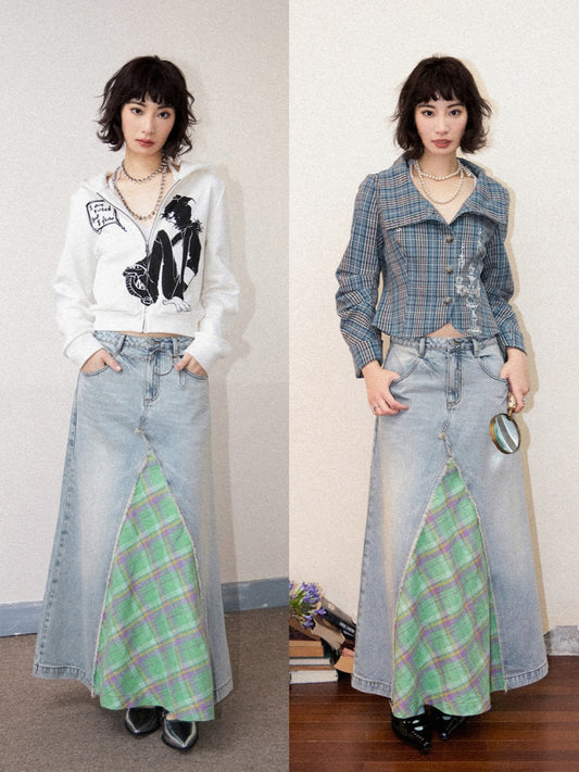 Front Slit Denim Checked A-Line Skirt【s0000011905】