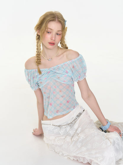 Big Gather V-Neck Plaid Puff Sleeve T-Shirt【s0000013005】