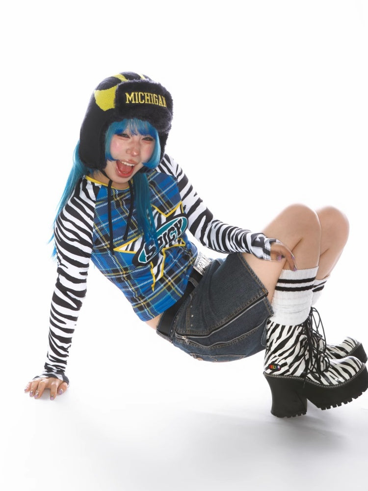 College Style Zebra & Check Print Long Sleeve Cropped T-Shirt【s0000011786】