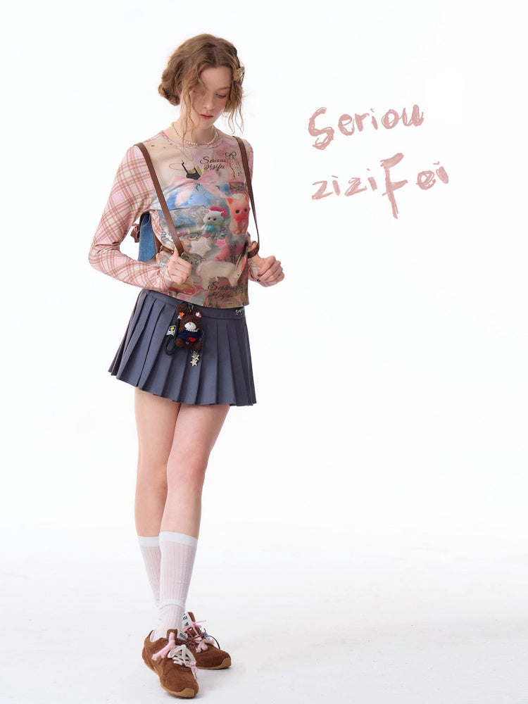 Pink Check Rabbit Print Slim Long Sleeved T-Shirt【s0000011921】