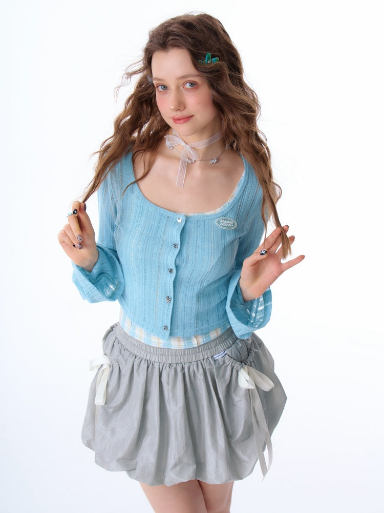 Rib Knitted Long Bell Sleeve Cropped Cardigan【s0000011758】