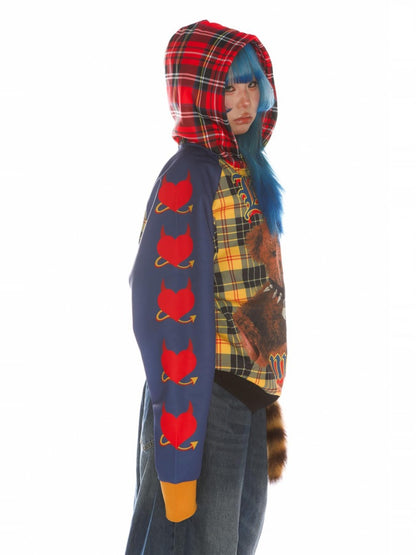 Punk Bear Panel Checked Pattern Raglan Sleeve Zip-Up Hoodie【s0000011791】