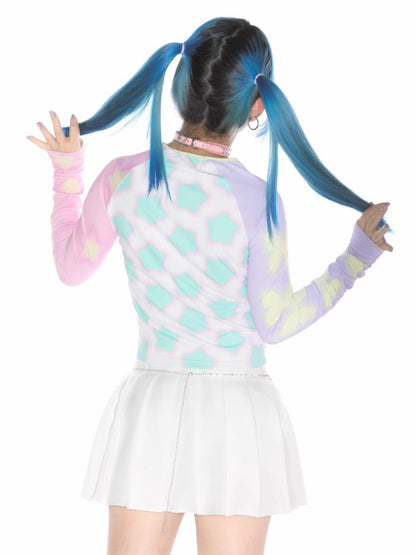 Comic Eye Two-Dimensional Subculture Star Color-Blocked Long Sleeve T-Shirt【s0000011789】