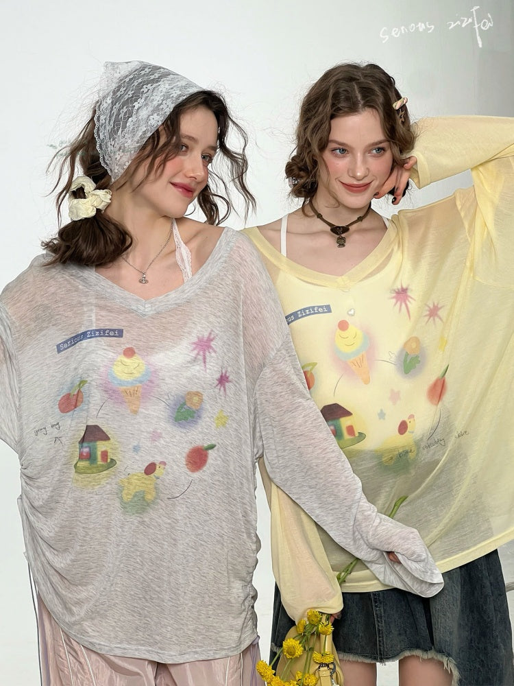 Drawstring Print Semi Sheer Loose V-Neck Long Sleeved T-Shirt【s0000011751】