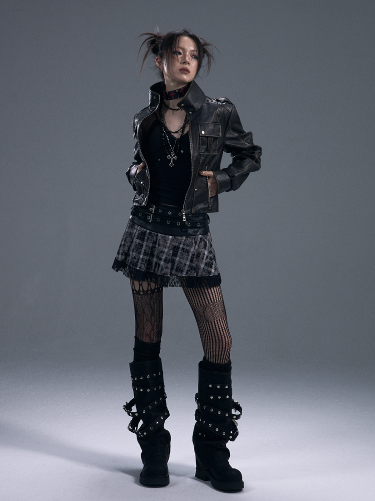 Punk Fake Leather Stand Collar Cropped  Riders Jacket【s0000011877】