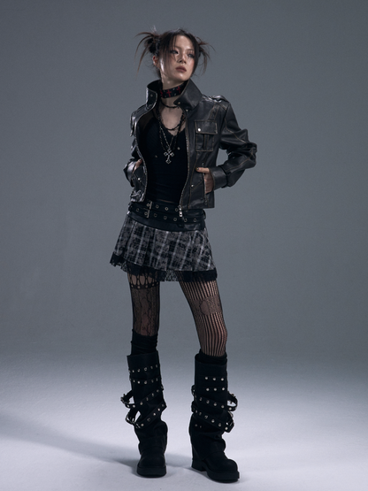 Punk Fake Leather Stand Collar Cropped  Riders Jacket【s0000011877】