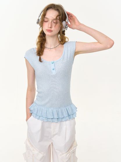 Ruffle Hem Henley Neck French Sleeve T-Shirt 【s0000013006】