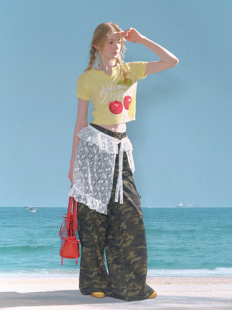 Cut Out Crop Cherry Print V-Neck Short Sleeve T-Shirt【s0000013007】
