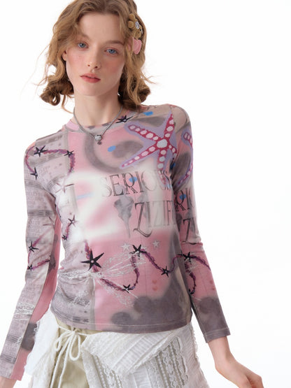 Star Digital Print Long Sleeve Numbering T-Shirt【s0000011760】