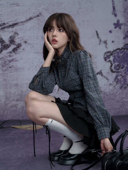 Stand collar Neck Belt Checkered Ruffle Long Sleeve Shirt【s0000011927】