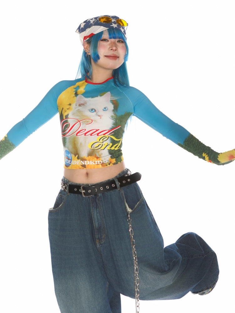 Cat Pattern Graphic Long sleeved Cropped T-Shirt【s0000011788】