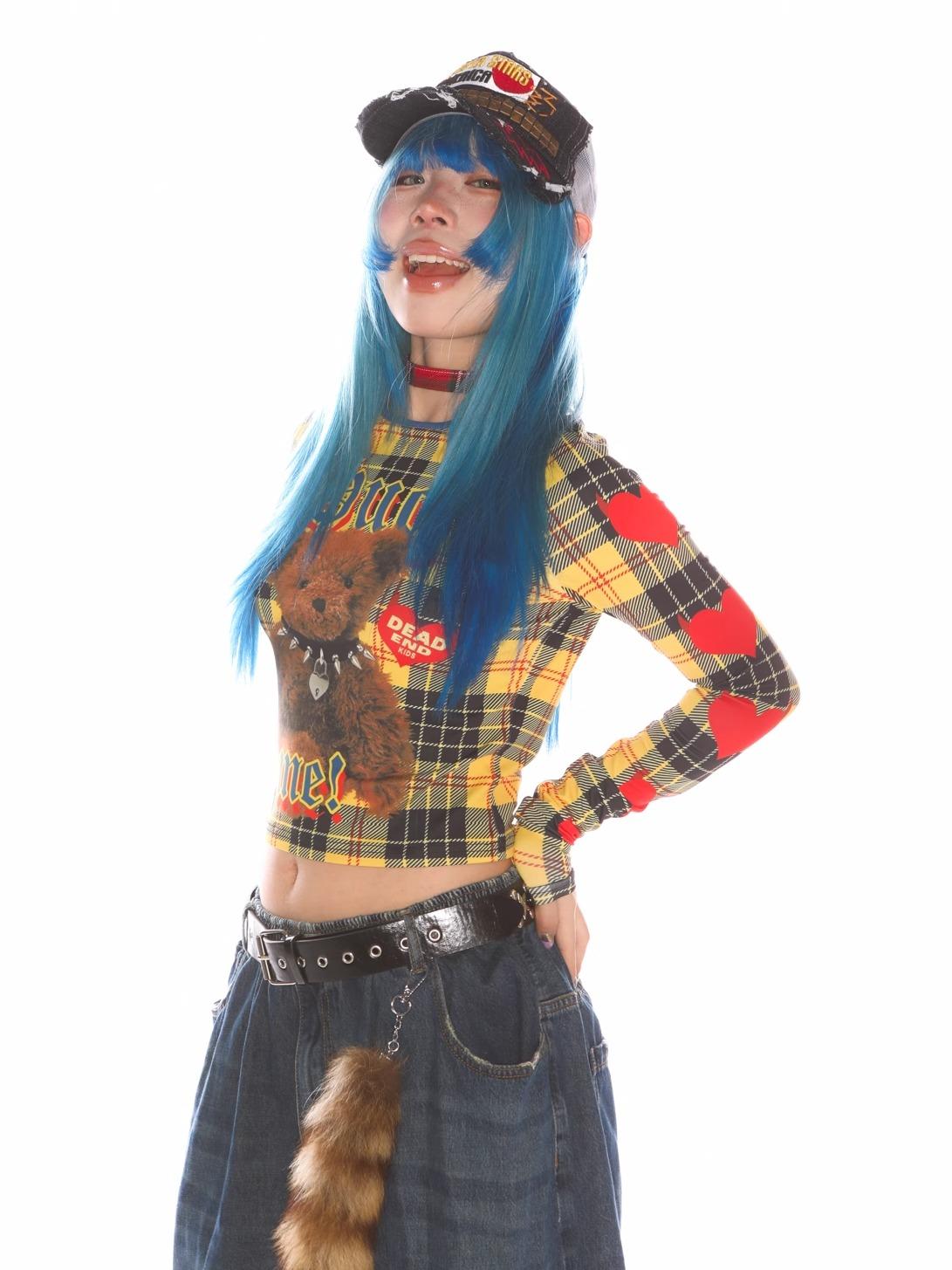 Teddy Bear Graphic Check Long Sleeve Cropped T-Shirt【s0000011777】