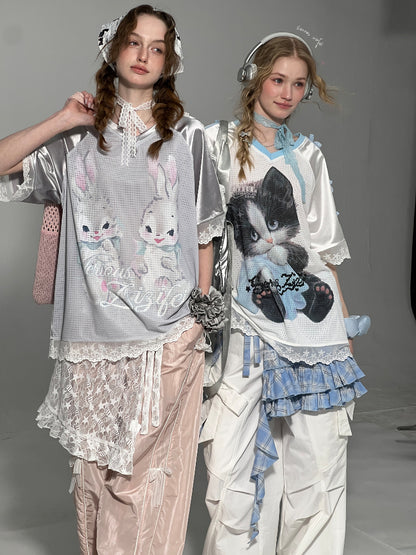 Lace Hem Rabbit Print V-Neck Loose Short Sleeve T-Shirt【s0000013010】