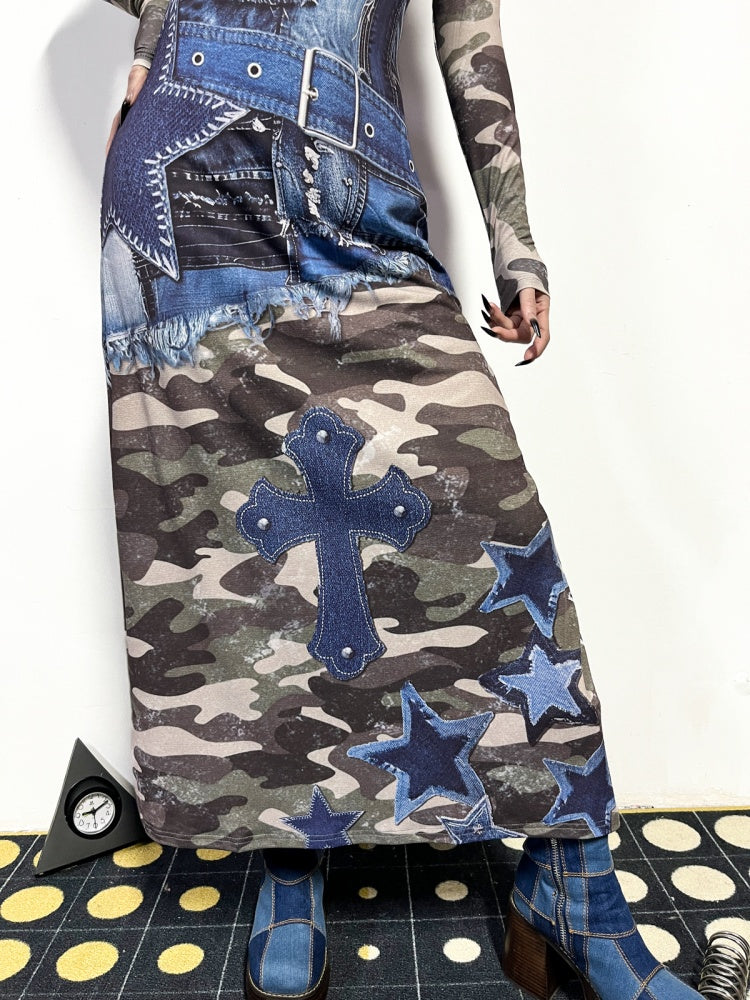 Camouflage & Denim Look Patchwork Long Sleeve Dress【s0000011778】