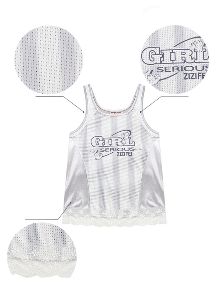 Sporty Letter Print Jersey Lace Hem Tank Top【s0000013011】