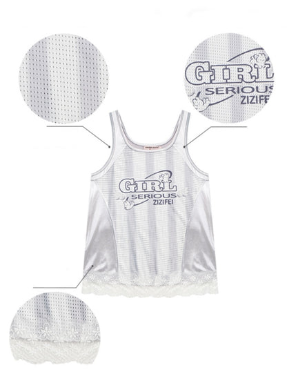 Sporty Letter Print Jersey Lace Hem Tank Top【s0000013011】