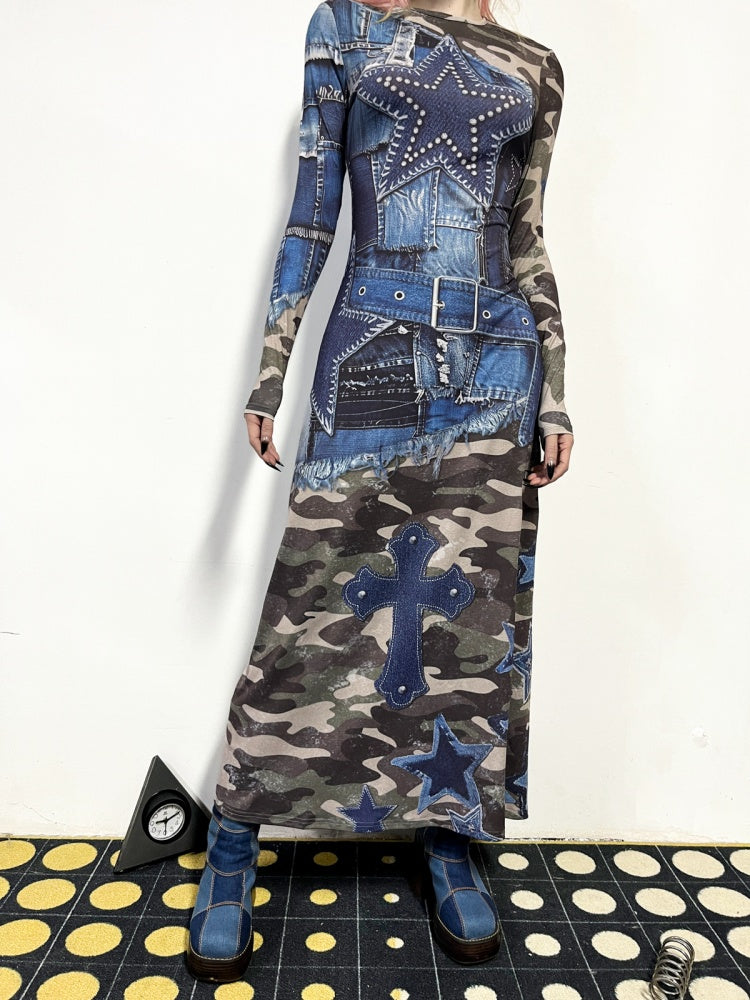 Camouflage & Denim Look Patchwork Long Sleeve Dress【s0000011778】