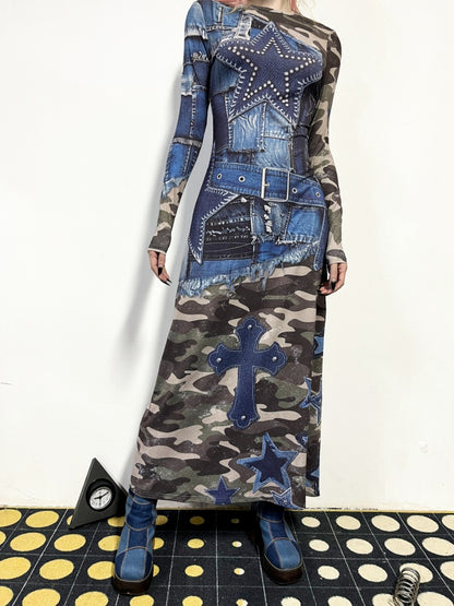 Camouflage & Denim Look Patchwork Long Sleeve Dress【s0000011778】