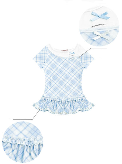 Ruffle Hem Faux Two Piece Bow Plaid Crew Neck Short Sleeve T-Shirt【s0000013004】