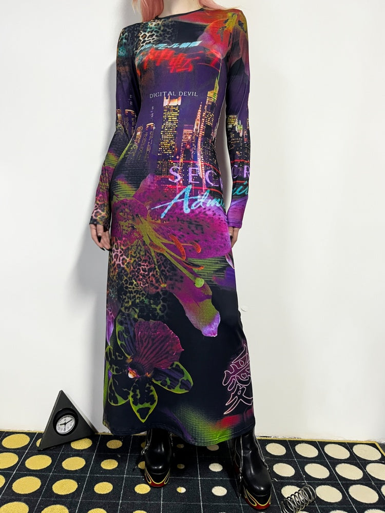 Leopard & Floral Print Long Sleeve A-Line Flare Dress【s0000011780】